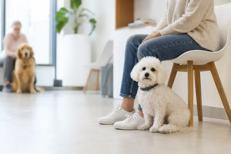 Ein Bichon Frisé sitzt ruhig neben seinem Besitzer im hellen Wartezimmer einer modernen Tierarztpraxis.